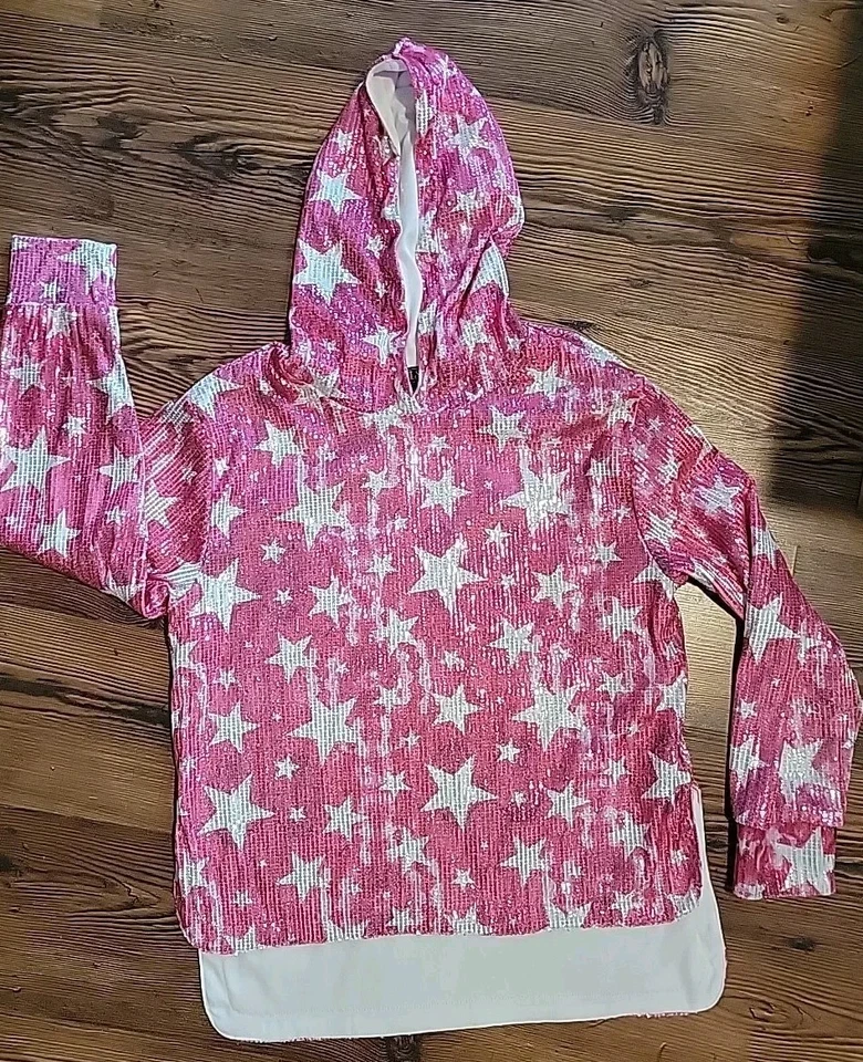 L & B Lucky And Blessed Hoodie Women's Size Medium Pink Sequin White Stars Tunic - Image 1 of 4