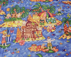 21" Island Friends Kari Pearson Quilting Treasures Surfs Up Surfer Waves Blue - Picture 1 of 3