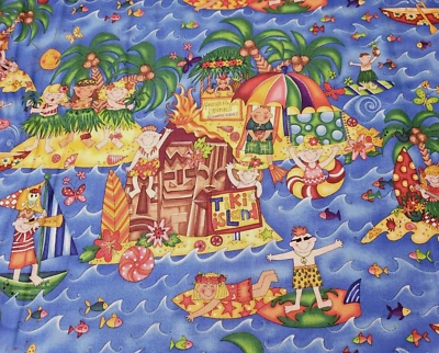 21" Island Friends Kari Pearson Quilting Treasures Surfs Up Surfer Waves Azul Foto 1 de 3
