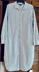 New Tommy Hilfiger Womens Blue White Pinstripe Roll Sleeve Cotton Shirt Dress L - Picture 1 of 6