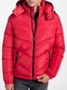 Guess Men's Red Puffer Jacket With Removable Hood Sz Large - Picture 1 of 9