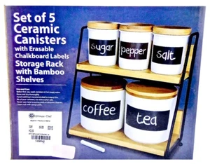 Ceramic Canisters,StorageRack,Bamboo Shelves,5 Canisters,White,Labels,Bamboo Lid - Picture 1 of 2