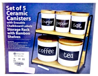 Ceramic Canisters,StorageRack,Bamboo Shelves,5 Canisters,White,Labels,Bamboo Lid - Image 1 of 2