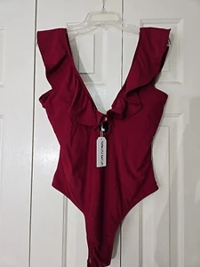 SPORLIKE Women’s XL Cranberry Color Ruffle One Piece Teardrop Plunge Swimsuit - Picture 1 of 6