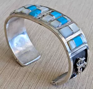 Vintage Native American Indian Turquoise + MOP Silver Cuff Bracelet 49 gm 6-3/4" - Picture 1 of 14