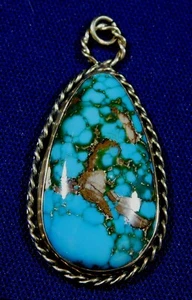 NATIVE AMERICAN SB 14K Yellow GOLD TURQUOISE Cab HANDMADE PENDANT - Picture 1 of 4
