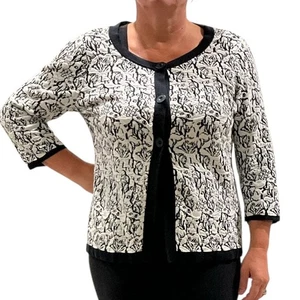 Cardigan donna Nouveau L nero bianco floreale manica 3/4 maglia con bottoni - Foto 1 di 5