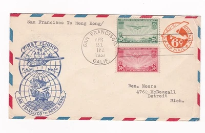 C21&C22 on Cover S.F. to Hong Kong to Detroit Mi. Apr 21, 1937 - Image 1 of 2
