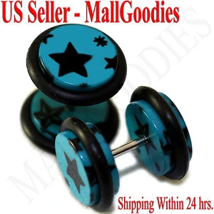 1283 Fake Cheater Illusion Faux Ear Plugs Blue & Black Stars Design 00G 10mm - Picture 1 of 1