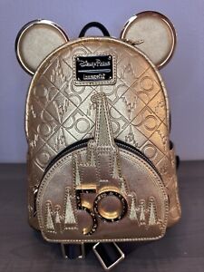 Walt Disney World 50th Anniversary Genuine Leather Gold Loungefly Backpack EUC