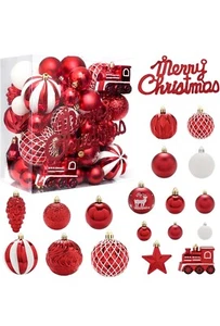 65 Pcs Christmas Ball Ornaments Red and White Hanging Decorations for Tree Decor - Picture 1 of 7