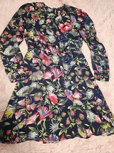 J.CREW Damen dunkelblau Blumen Chiffon Puffärmel Blouson knielanges Kleid Gr. 2 - Bild 1 von 6