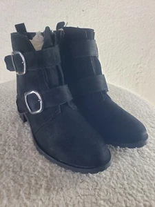 Anne Klein Nilos Women Boots 9.5M Black Suede Zip Up Ankle Biker Flat Booti Shoe - Picture 1 of 24