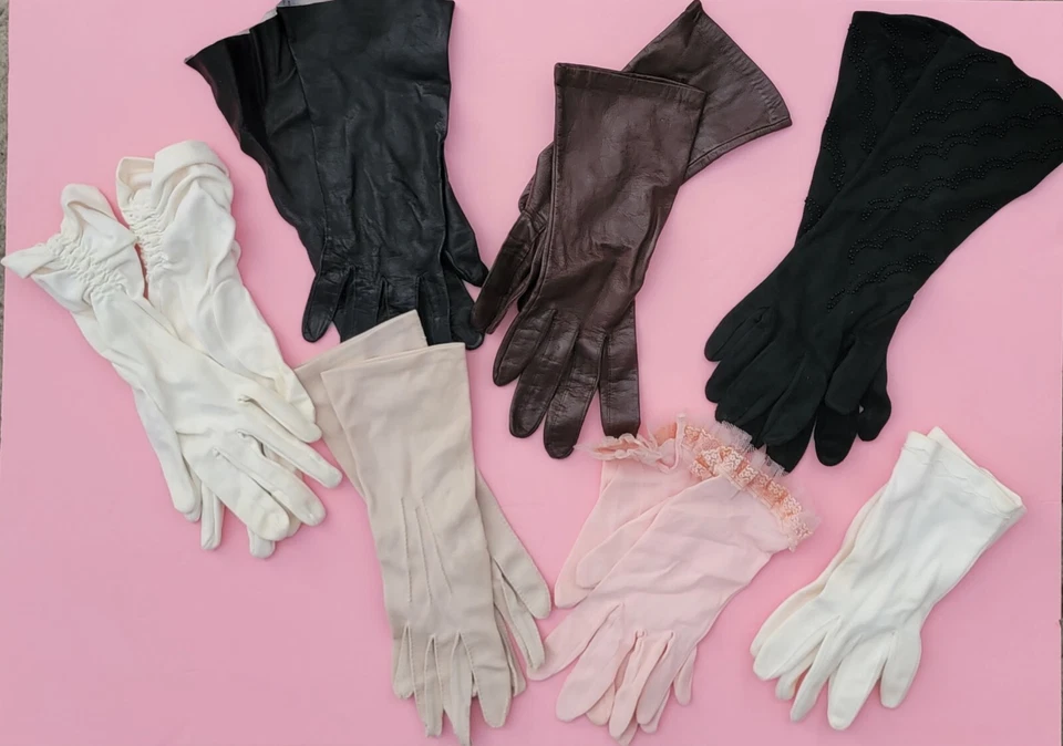 Lot of 7 Women's Vintage Gloves-Brown, Black Leather, Nylon Pink, Sheer,white  - Image 1 of 1