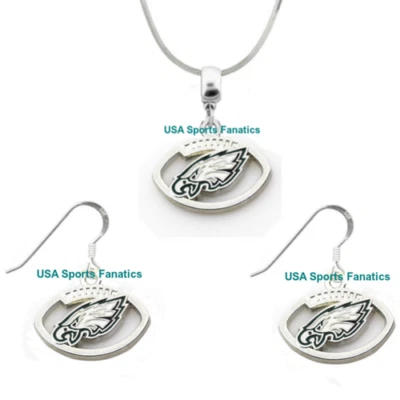 Conjunto de collar y pendiente colgante con logotipo de fútbol americano Philadelphia Eagles 925 cadena/ganchos Foto 1 de 4