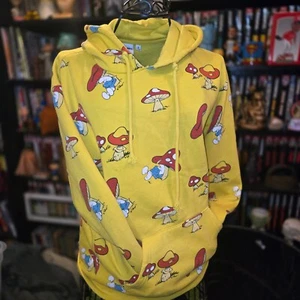Smurfs Hoodie Mushrooms Yellow AllOver Print Medium Pocket Hooded Sweatshirt Sm - Picture 1 of 7