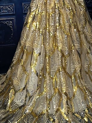 Encaje con lentejuelas dorado y plateado brillante. Calidad Premium. Encaje de boda brillante. Por comprar Foto 1 de 4