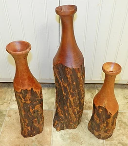 NATURALISTIC SET OF 3 RUSTIC PRIMITIVE TURNED LIVE EDGE WOOD CANDLE HOLDERS! - Picture 1 of 6