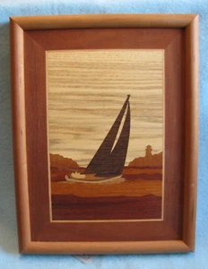 Vintage Wood Marquetry Sailboat & Lighthouse Picture by Once a Tree - Picture 1 of 6