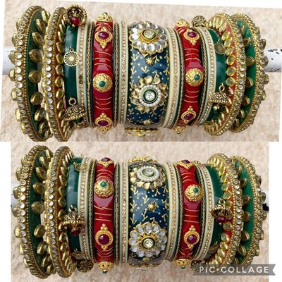 Conjunto Brazalete Chuda Verde Rojo Rajwadi Boda Novia Indain Joyería Kundan Punjabi Foto 1 de 4