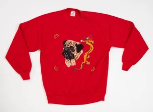 Vintage Pug Dog Sweatshirt Women Size XL Fleece 90s Dragon Crewneck - Picture 1 of 16