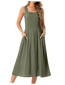 Women's Linen Dresses Summer Sleeveless Sundress Casual Loose Large Army Green - Picture 1 of 2