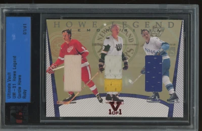 2001 ITG Ultimate Vault Gordie Howe Legend Memorabilia Ruby 1/1 Game Used Jersey - Image 1 of 2