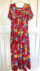 Vintage Tori Richard Hawaiian 60s 70s Red Floral Mumu Maxi Dress Kaftan XL USA
