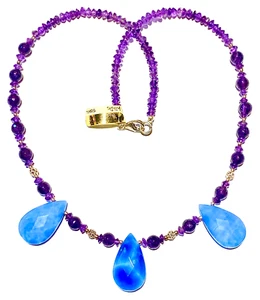 AMETHYST & AGATE TEARDROPS NECKLACE 925 SILVER 46cm 23.9gm "NEW" AUZ MADE SN32 - Picture 1 of 3