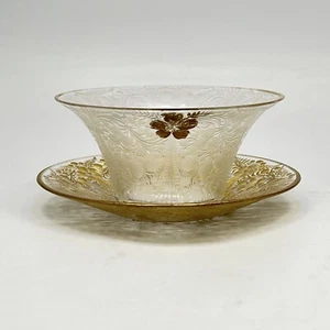 Vintage Gilt Mosser? Berry Bowl and Saucer Set Cut Crystal Frosted Florals - Picture 1 of 19