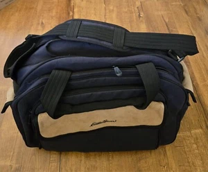 Vintage Eddie Bauer Duffle Bag Men Blue Canvas Tan Leather Weekender Travel Bag - Picture 1 of 15