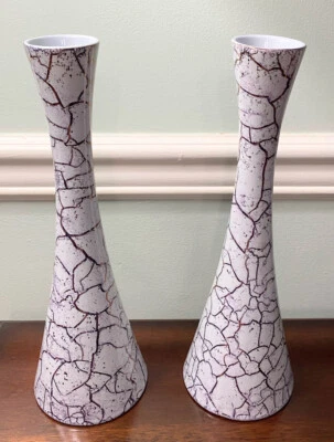 2 Vtg MCM Royal Haeger Ceramic Vase 12" White Crackle Gold Purple R1800 EUC - Image 1 of 4