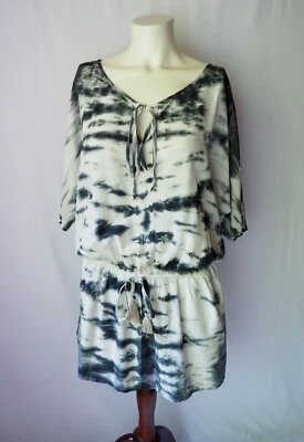 Gypsy 05 Global Village 100% Silk Drawstring Mini Dress Tie Dye White Black M - Image 1 of 4