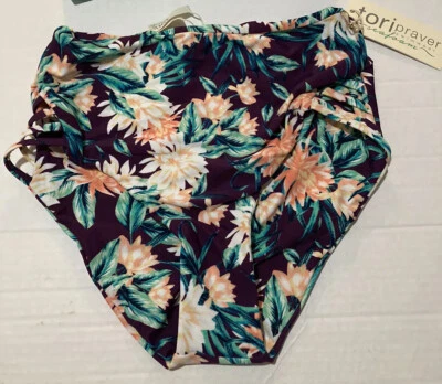 NWT Tori Praver Swimwear Deep Purple M bikini bottom Floral Juniors High Rise - Image 1 of 3