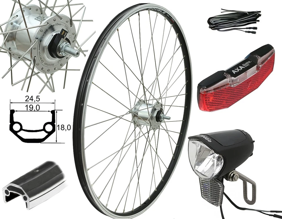 26 Zoll Vorderrad Laufrad mit Nabendynamo LED-Licht 75 Lux Standlicht StVZO - Bild 1 von 1