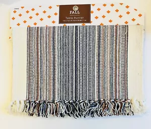 Woven Navy Cream & Brown Table Runner 14" x 72" Tableware Decor Fall Neutral - Picture 1 of 1