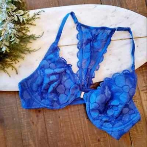 NWOT Aerie Happy Racerback Bralette 34A Blue Front Clasp Delicate Sexy Bra - Picture 1 of 9