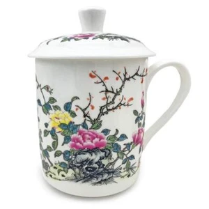 Tazza cinese in osso floreale con coperchio 15 fl oz - Foto 1 di 5