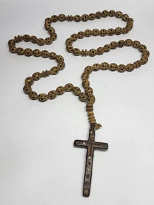 Antique 18th C. Indo-Portuguese ROSARY Carved Beads & Wood Cross with Inlays - Picture 1 of 7