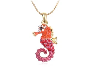 Golden Tone Faux Shell Orange Enamel Clear Rhinestone Seahorse Necklace Pendant - Picture 1 of 4