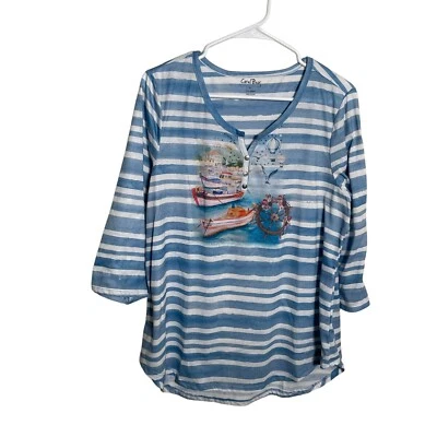 Coral Bay Blouse Women's XL Striped Popover Watercolor Art to Wear Casual - Image 1 of 4