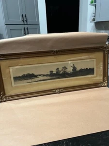 ANTIQUE ETCHING BY ERNEST C ROST ca 1891-1896 - 24" x 9.5" EMBELLISHED WOOD FRAM - Picture 1 of 11