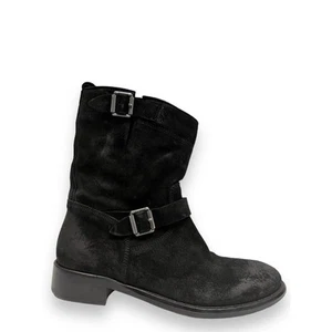 BELSTAFF Black Suede Bedford Buckle Accents Mid Calf Moto Booties Boots 36.5 - Picture 1 of 8
