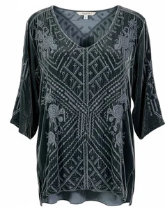 Johnny Was Heavily Embroidered Gray Velvet Tunic Top Womens S Silk 3/4 Sleeve - Picture 1 of 14