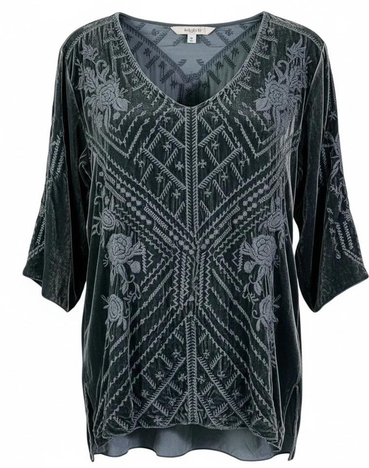 Johnny Was Heavily Embroidered Gray Velvet Tunic Top Womens S Silk 3/4 Sleeve - Image 1 of 4