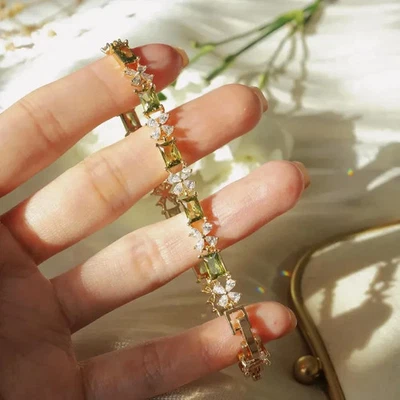 7TCW Emerald Lab Created Peridot & Diamond Tennis Bracelet 14k Yellow Gold Over - Image 1 of 4