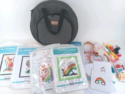 lot Of Cross Stich Kits Frames Curmio Round Embroidery Travel Bag 13" Gray - Image 1 of 4