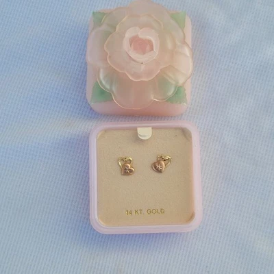 Pendientes Doble Corazón Oro Rosa Amarillo 14k Jacmel JCM Grabado Tachuela Pierced Firmado Foto 1 de 4