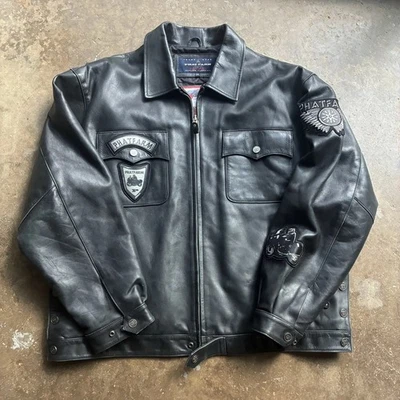 Chaqueta de motociclista de cuero negra Phat Farm 3XL 2XL Y2k años 90 vintage equipo de motocicleta Foto 1 de 4