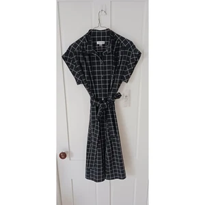 Calvin Klein Kurzarmkleid schwarz-weiß Stretch kariert Gürtel Knopf - Bild 1 von 3